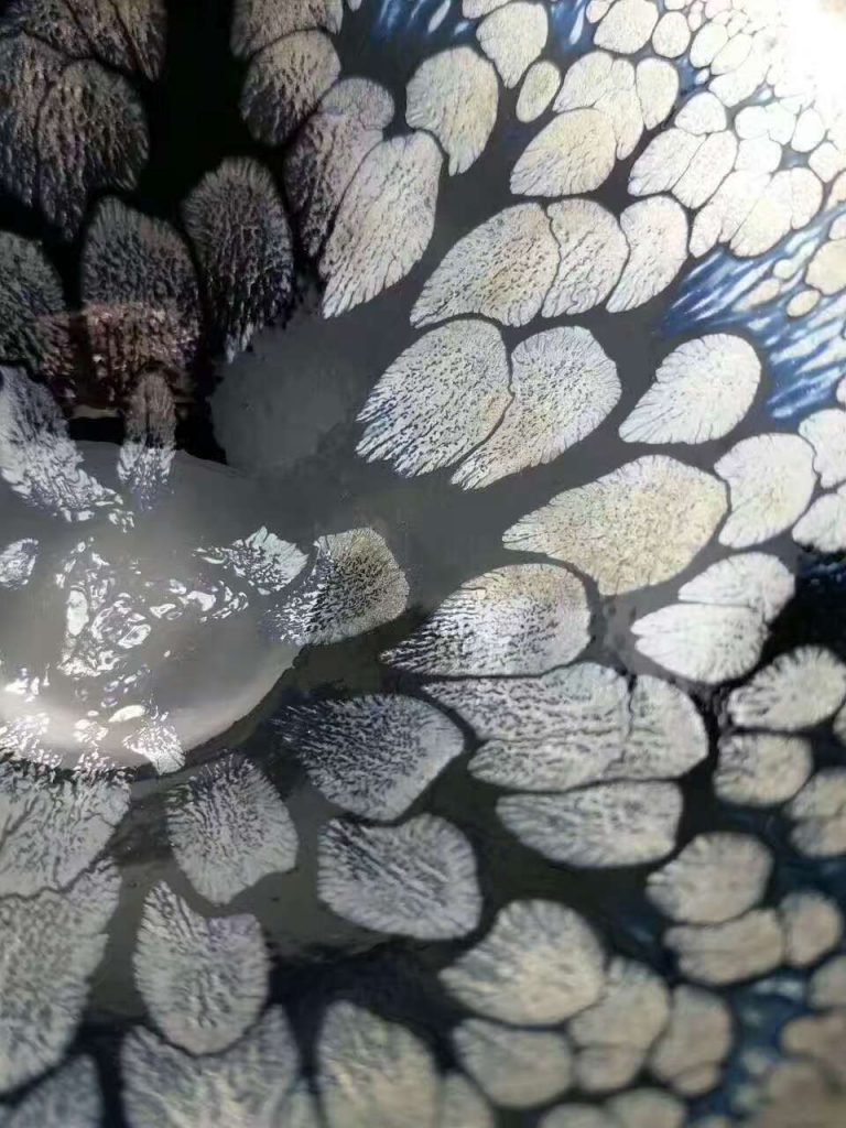 李盞柜斂口“牡丹”油滴盞：口8.8高4.6，晶體飽滿。