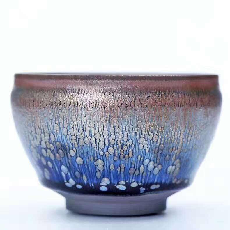 闕梅嬌老師8.8公分束口油滴盞，純手工，器型大氣厚重，斑紋金屬感強烈！