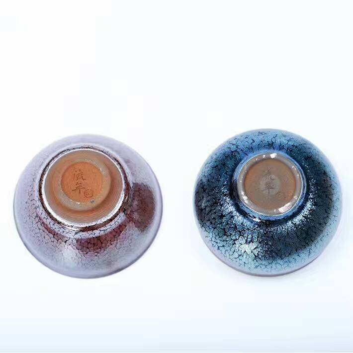 陳葉琦致青春對杯：8.1公分紫油滴，7.7公分藍(lán)油滴，純手工。