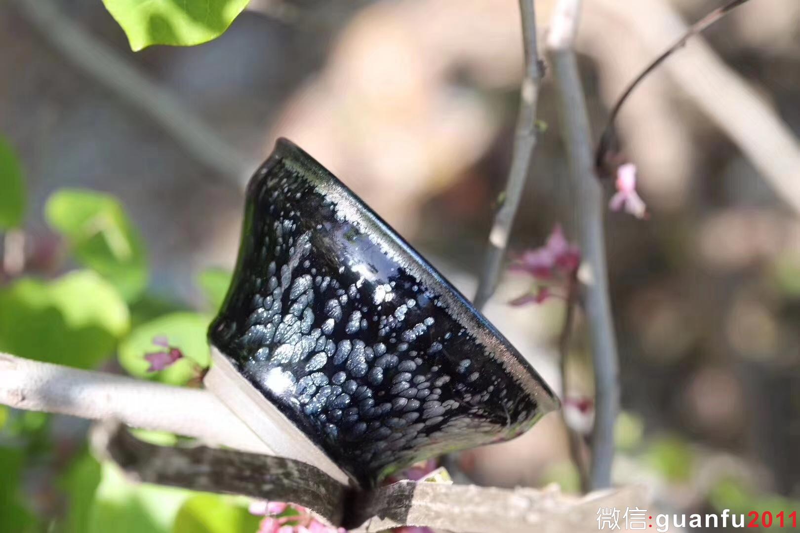 【作者】闕梅嬌 【品名】黑牡丹 【規(guī)格】口徑9.3 高5.6 【制作】落款配證書 【品相】全品無暇 【材質(zhì)】鐵胎，天然礦釉 【產(chǎn)地】建陽·水吉 【燒制溫度】1300度