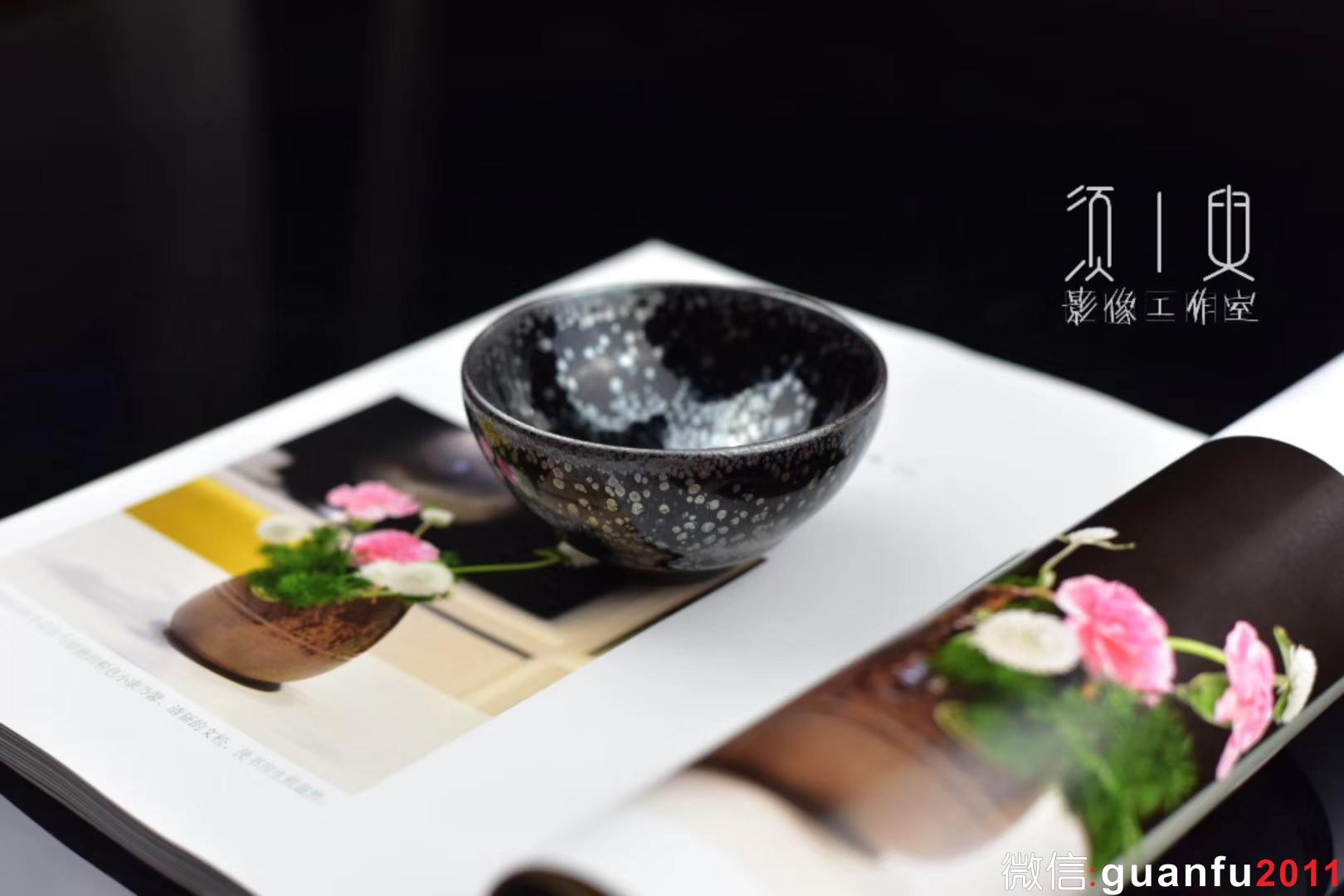 陳國飛師傅手作 黑底銀斑水母滴 仿宋代平口器型 8.7*4.5公分