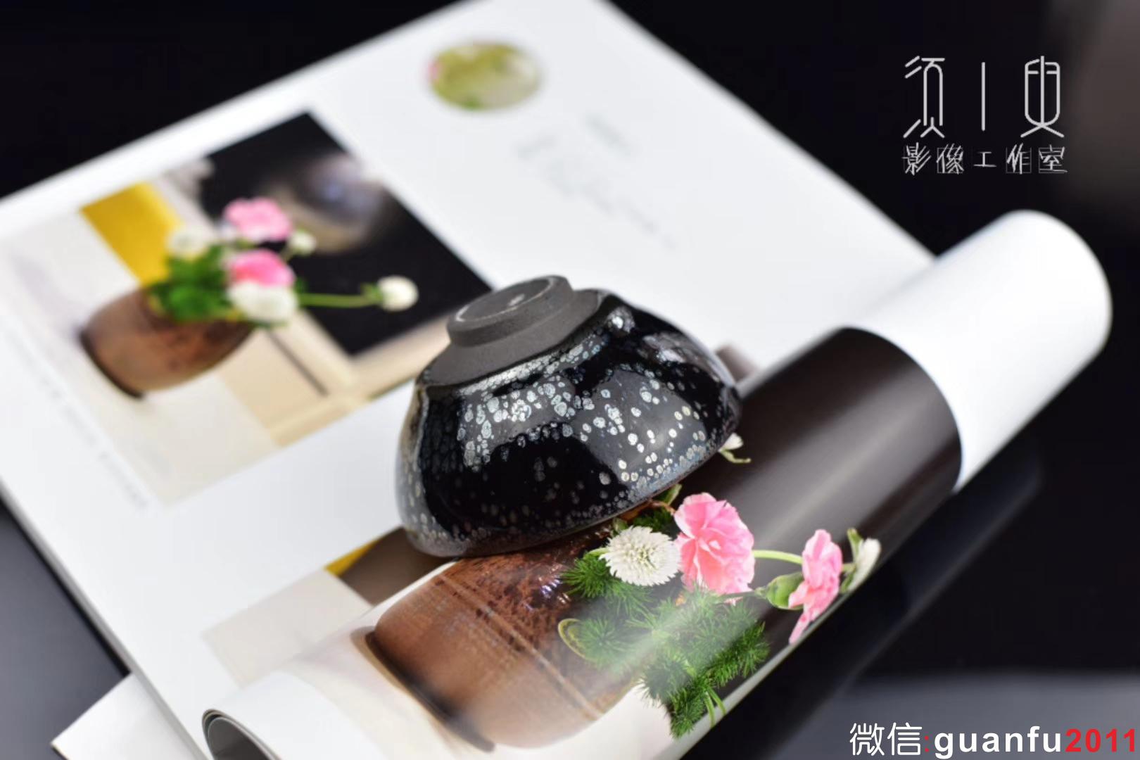 陳國飛師傅手作 黑底銀斑水母滴 仿宋代平口器型 8.7*4.5公分