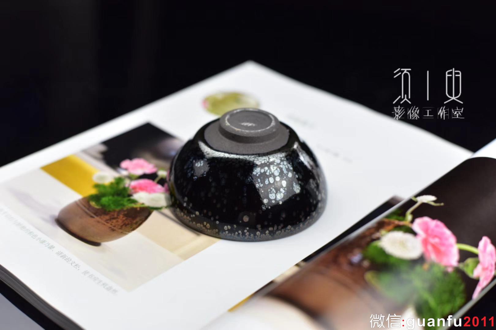 陳國飛師傅手作 黑底銀斑水母滴 仿宋代平口器型 8.7*4.5公分