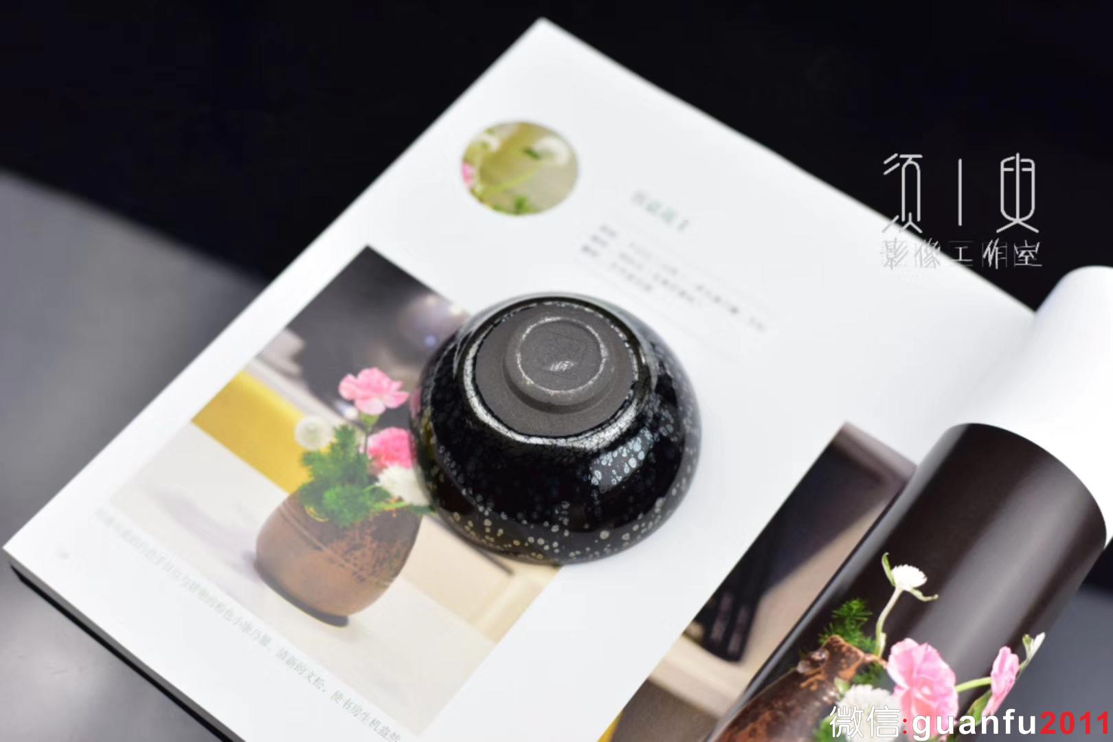 陳國飛師傅手作 黑底銀斑水母滴 仿宋代平口器型 8.7*4.5公分